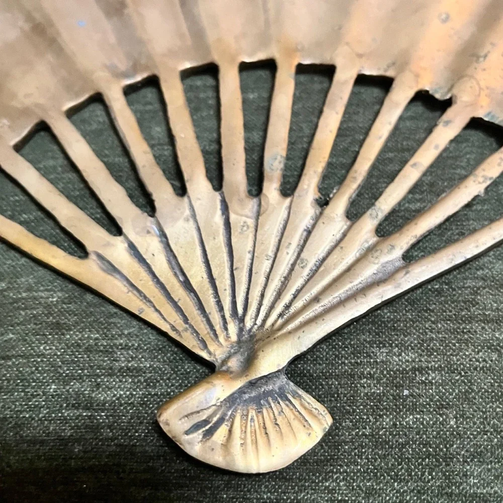 Vintage Brass Fans Set of‎ Two Embossed Dragon Phoenix Floral Taiwan